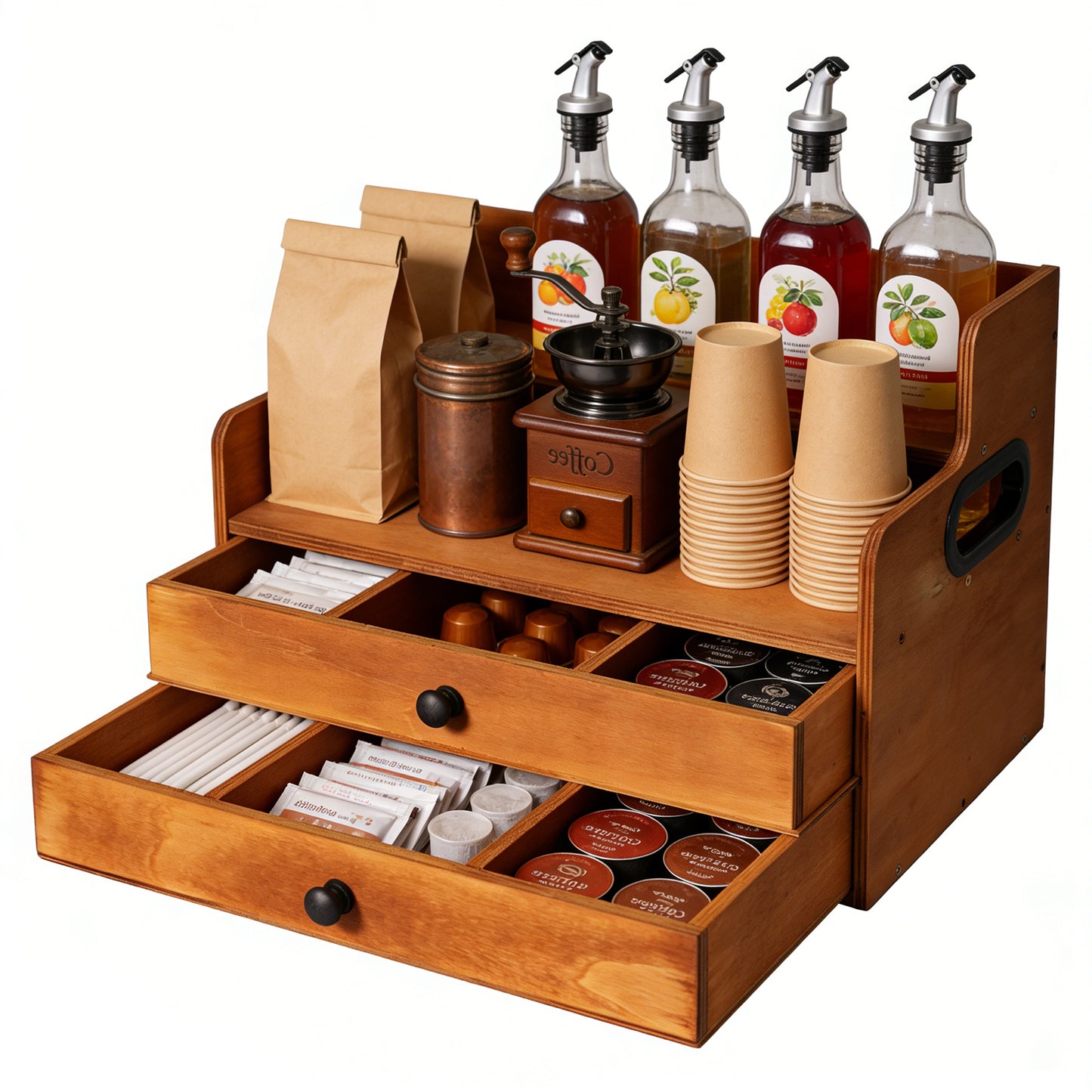 Rustic Wooden Coffee Station Organizer with 2 Drawers, 2-Tier Countertop Storage Rack for Coffee Bar, Syrups, K-Cups & Kitchen Essentials, 14.4" W x 8.8" D x 10.7" H