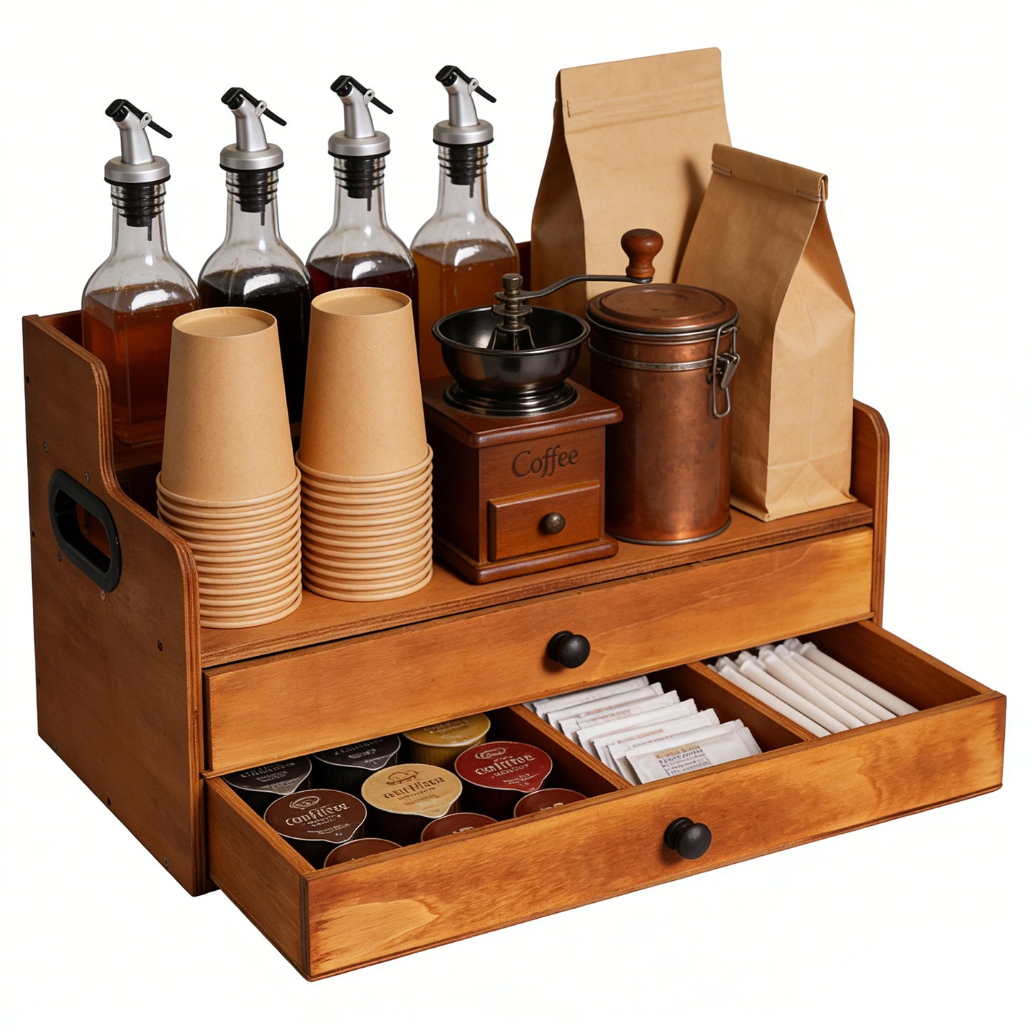 Rustic Wooden Coffee Station Organizer with 2 Drawers, 2-Tier Countertop Storage Rack for Coffee Bar, Syrups, K-Cups & Kitchen Essentials, 14.4" W x 8.8" D x 10.7" H