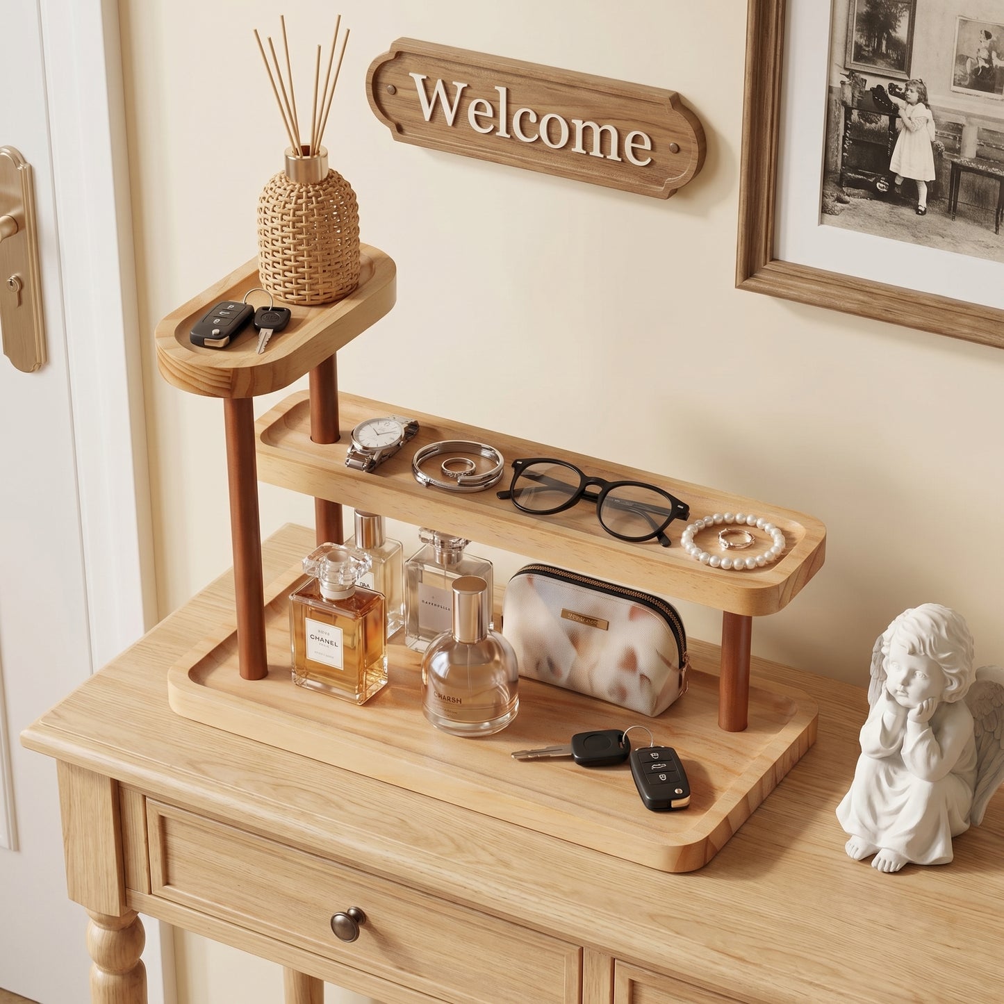 3-Tier Beech Wooden Countertop Organizer with Raised Edges, Freestanding Vanity Tray for Perfume, Skincare, Entryway Keys & Jewelry, 12.6" W x 6.3" D x 8.9" H