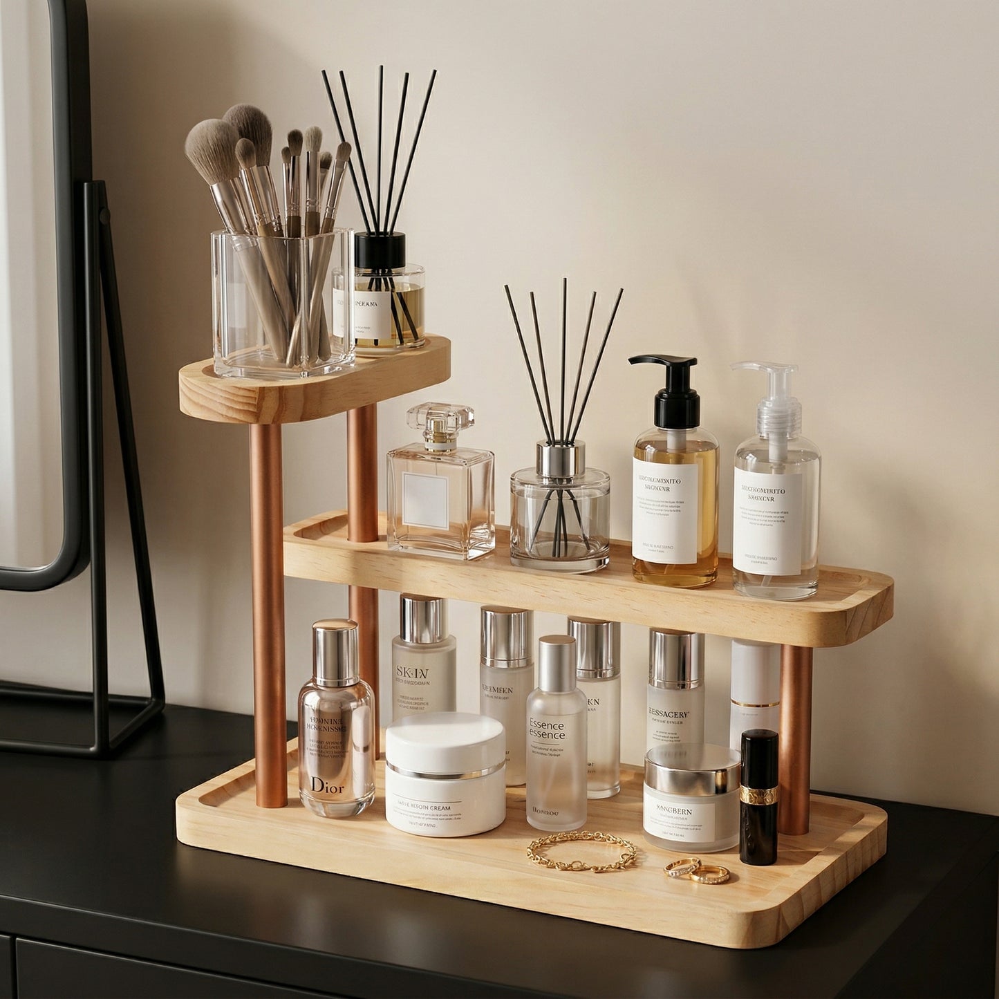 3-Tier Beech Wooden Countertop Organizer with Raised Edges, Freestanding Vanity Tray for Perfume, Skincare, Entryway Keys & Jewelry, 12.6" W x 6.3" D x 8.9" H