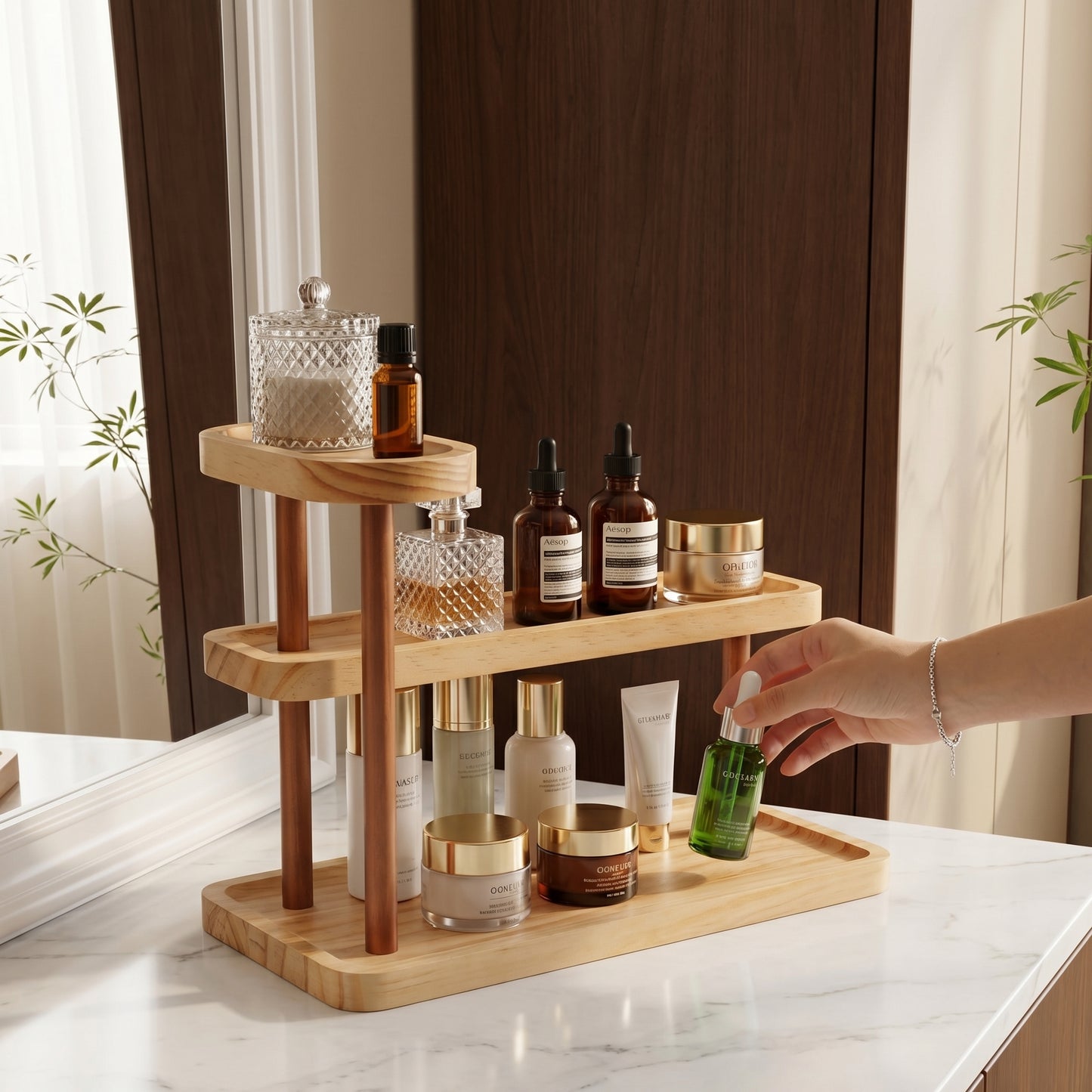 3-Tier Beech Wooden Countertop Organizer with Raised Edges, Freestanding Vanity Tray for Perfume, Skincare, Entryway Keys & Jewelry, 12.6" W x 6.3" D x 8.9" H