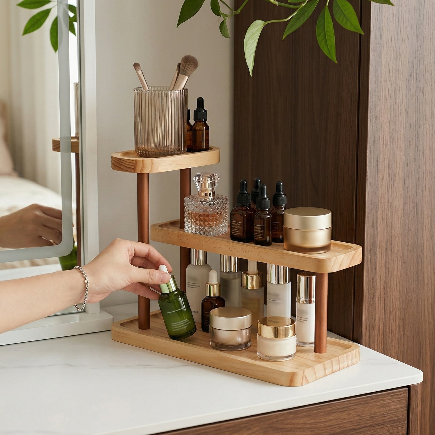 3-Tier Beech Wooden Countertop Organizer with Raised Edges, Freestanding Vanity Tray for Perfume, Skincare, Entryway Keys & Jewelry, 12.6" W x 6.3" D x 8.9" H