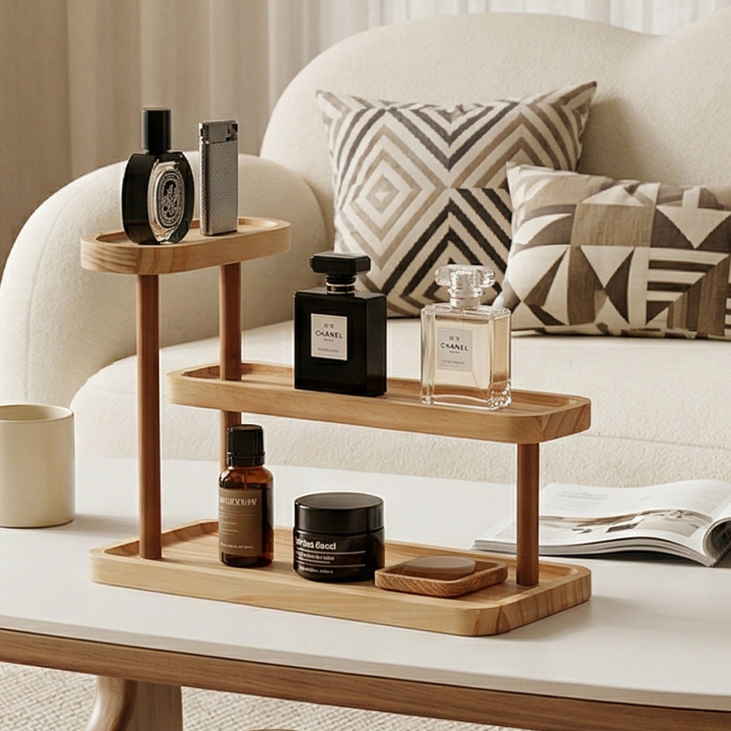 3-Tier Beech Wooden Countertop Organizer with Raised Edges, Freestanding Vanity Tray for Perfume, Skincare, Entryway Keys & Jewelry, 12.6" W x 6.3" D x 8.9" H