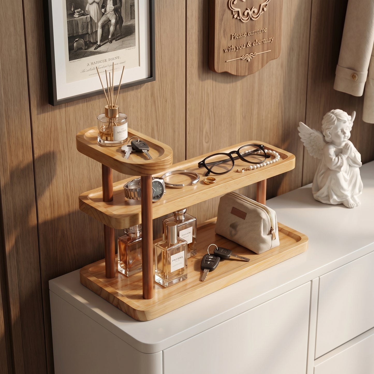 3-Tier Beech Wooden Countertop Organizer with Raised Edges, Freestanding Vanity Tray for Perfume, Skincare, Entryway Keys & Jewelry, 12.6" W x 6.3" D x 8.9" H