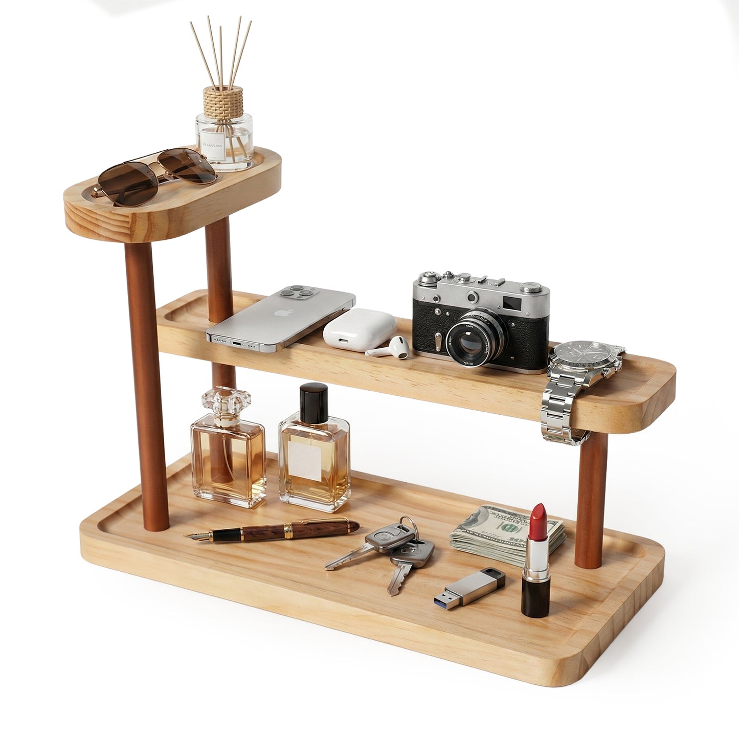 3-Tier Beech Wooden Countertop Organizer with Raised Edges, Freestanding Vanity Tray for Perfume, Skincare, Entryway Keys & Jewelry, 12.6" W x 6.3" D x 8.9" H