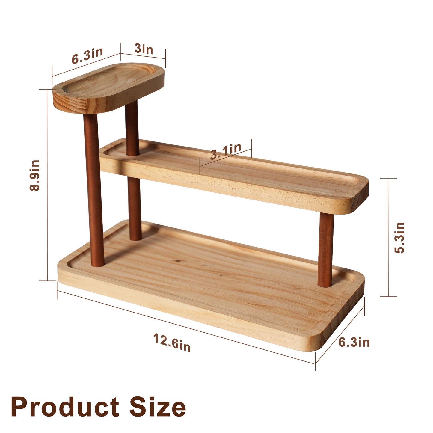3-Tier Beech Wooden Countertop Organizer with Raised Edges, Freestanding Vanity Tray for Perfume, Skincare, Entryway Keys & Jewelry, 12.6" W x 6.3" D x 8.9" H