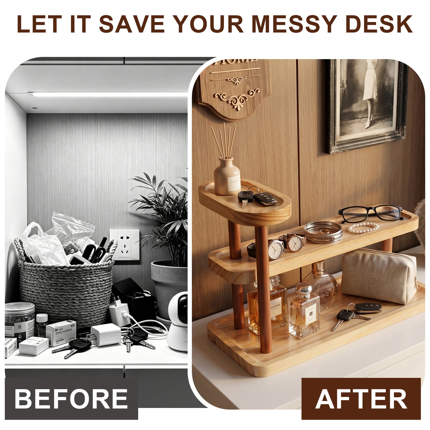 3-Tier Beech Wooden Countertop Organizer with Raised Edges, Freestanding Vanity Tray for Perfume, Skincare, Entryway Keys & Jewelry, 12.6" W x 6.3" D x 8.9" H