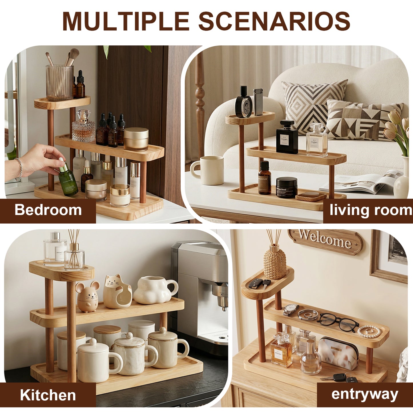 3-Tier Beech Wooden Countertop Organizer with Raised Edges, Freestanding Vanity Tray for Perfume, Skincare, Entryway Keys & Jewelry, 12.6" W x 6.3" D x 8.9" H