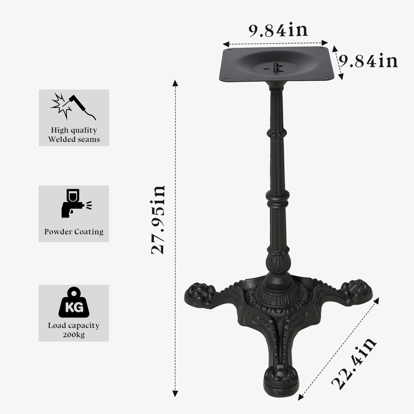 23.62 Diameter 1.18Thick Table Top and H27.95 Cast Iron Table Base with 3 tiger claw feet, Table Leg Black