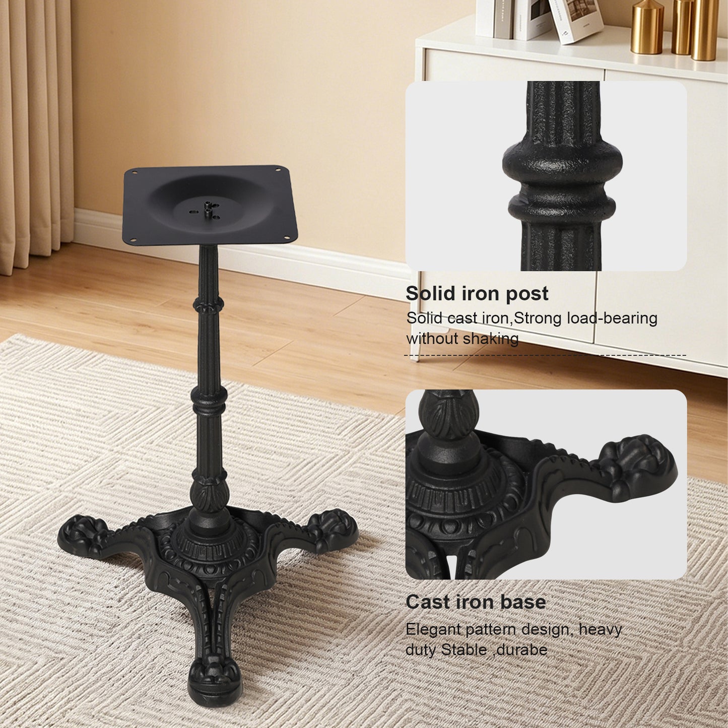 BLACK CAST IRON TABLE BASE, HEAVY DUTY TRIPOD TABLE STAND WITH ORNATE LEGS, 27.95" H, 200KG LOAD CAPACITY, FOR BISTRO BAR DINING TABLES