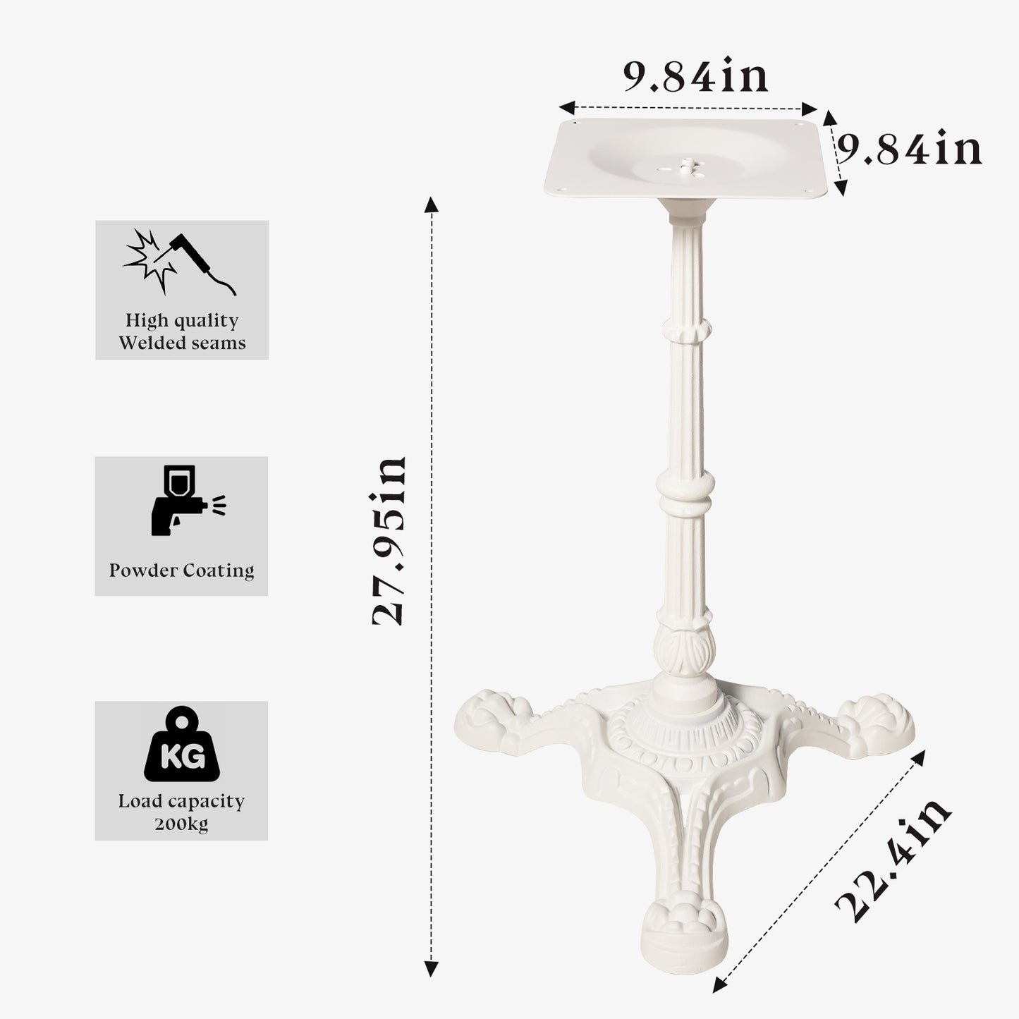 WHITE CAST IRON TABLE BASE, HEAVY DUTY TRIPOD TABLE STAND WITH ORNATE LEGS, 27.95" H, 200KG LOAD CAPACITY, FOR BISTRO BAR DINING TABLES