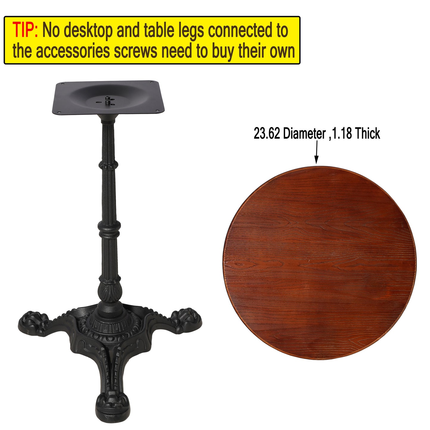 23.62 Diameter 1.18Thick Table Top and H27.95 Cast Iron Table Base with 3 tiger claw feet, Table Leg Black