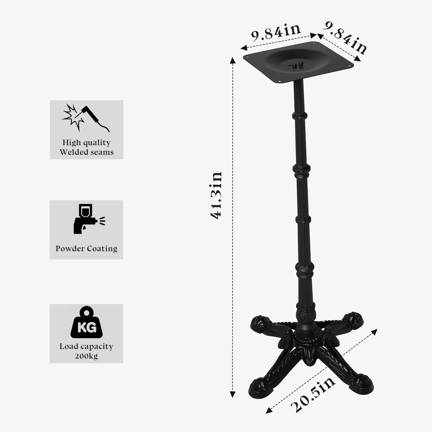 41.3" Height Cast Iron Table Base, Vintage Ornate 4-Feet Bar Height Table Leg with 9.84" Square Top Plate, 20.5" Wide Base, Black Powder Coated Table Stand for Indoor Outdoor Bistro, Patio, Restaurant