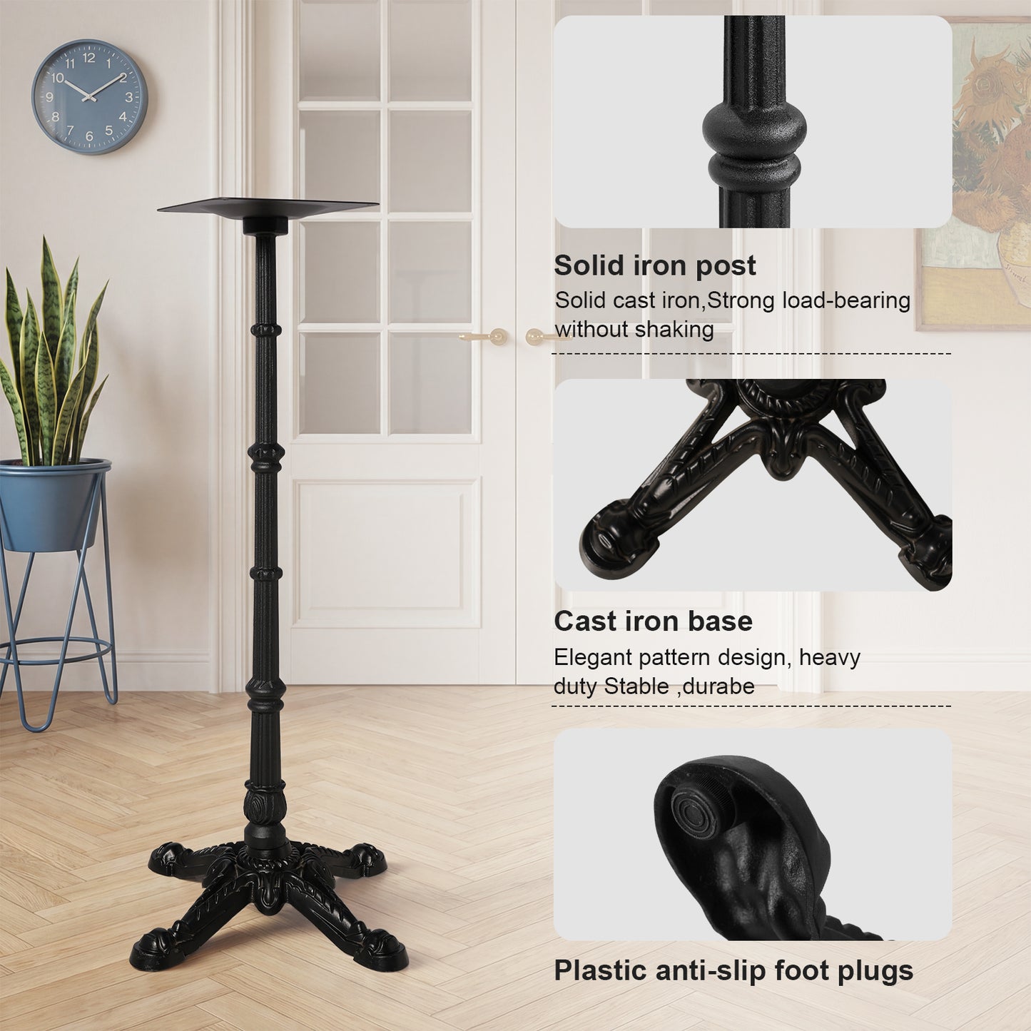 41.3" Height Cast Iron Table Base, Vintage Ornate 4-Feet Bar Height Table Leg with 9.84" Square Top Plate, 20.5" Wide Base, Black Powder Coated Table Stand for Indoor Outdoor Bistro, Patio, Restaurant