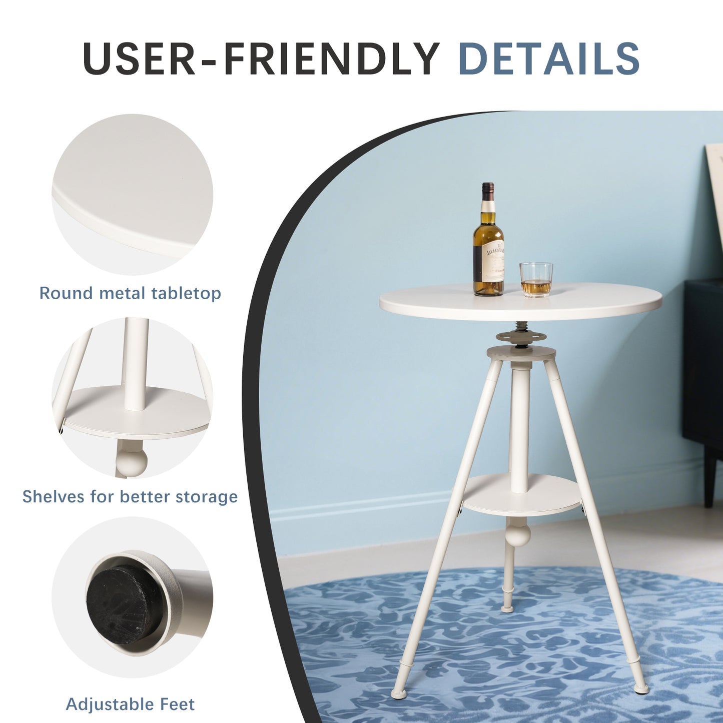 Industrial Bistro Table Vintage Cafe Table Farmhouse Round Dining Table for Kitchen Rustic Side Table Swivel Metal Top 32.28-39.37inch Height Adjustable