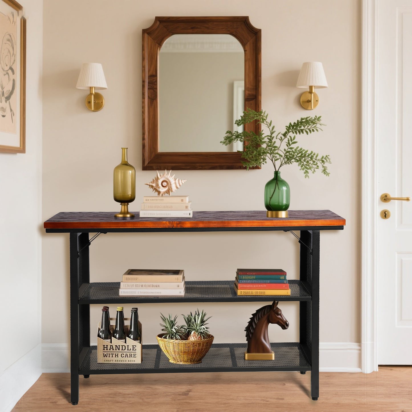 Industrial Console Entryway Table, Metal Wood Rustic Sofa Table with Storage, Farmhouse 3 Tier Shelf Long Hallway Foyer Entry Tables Behind Couch for Home Living Room Entryway, Rustic Brown