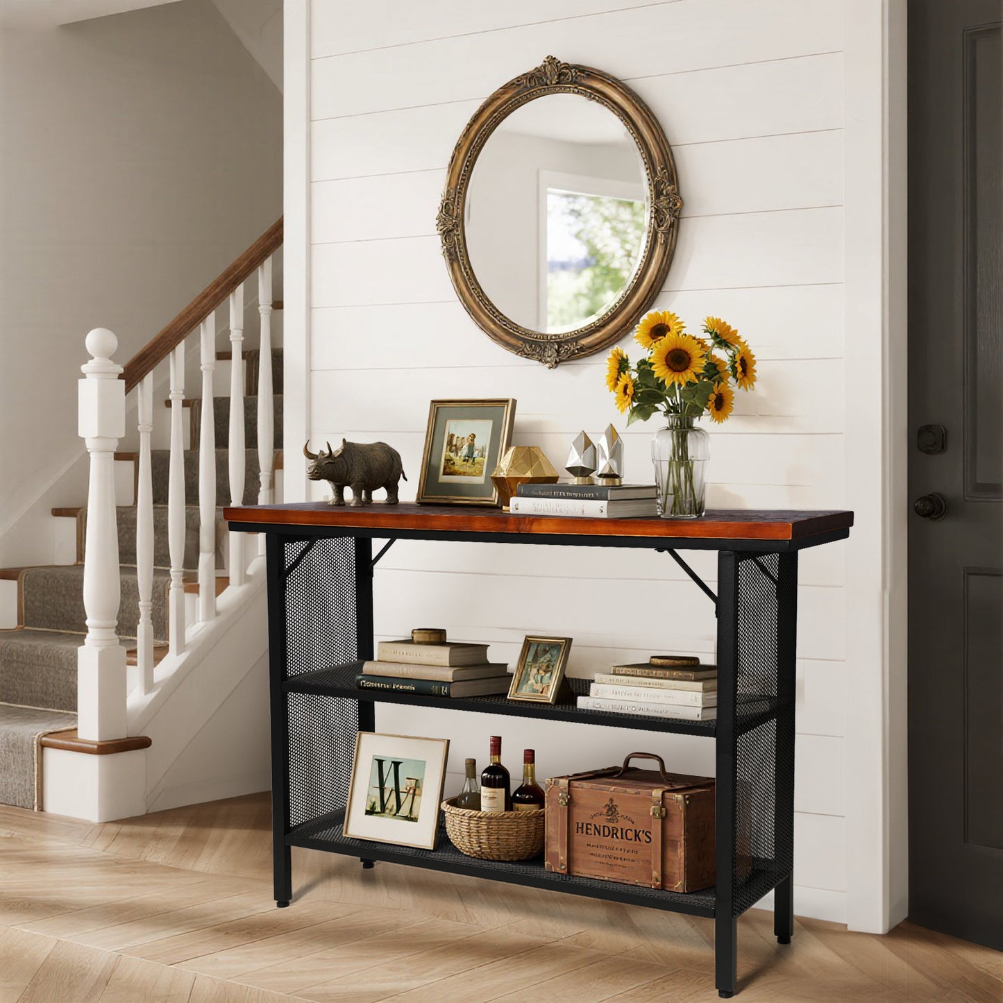 Industrial Console Entryway Table, Metal Wood Rustic Sofa Table with Storage, Farmhouse 3 Tier Shelf Long Hallway Foyer Entry Tables Behind Couch for Home Living Room Entryway, Rustic Brown