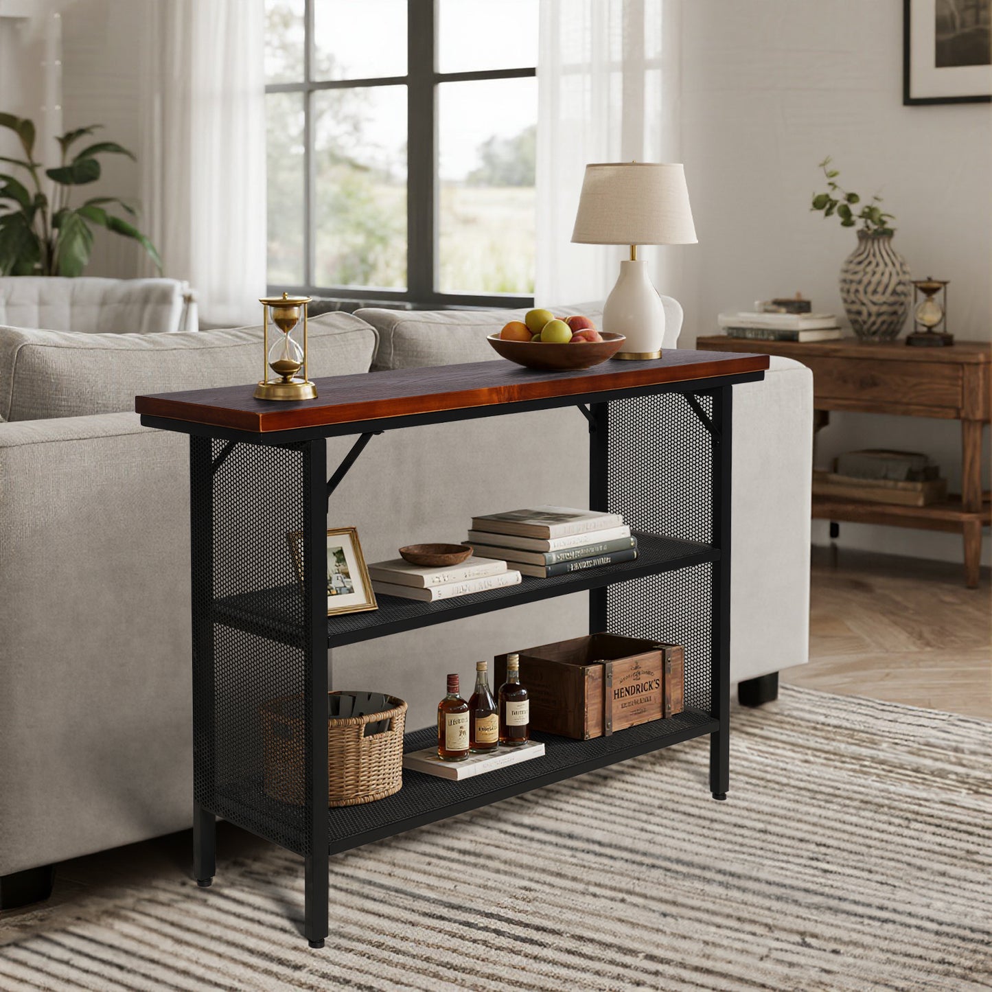 Industrial Console Entryway Table, Metal Wood Rustic Sofa Table with Storage, Farmhouse 3 Tier Shelf Long Hallway Foyer Entry Tables Behind Couch for Home Living Room Entryway, Rustic Brown
