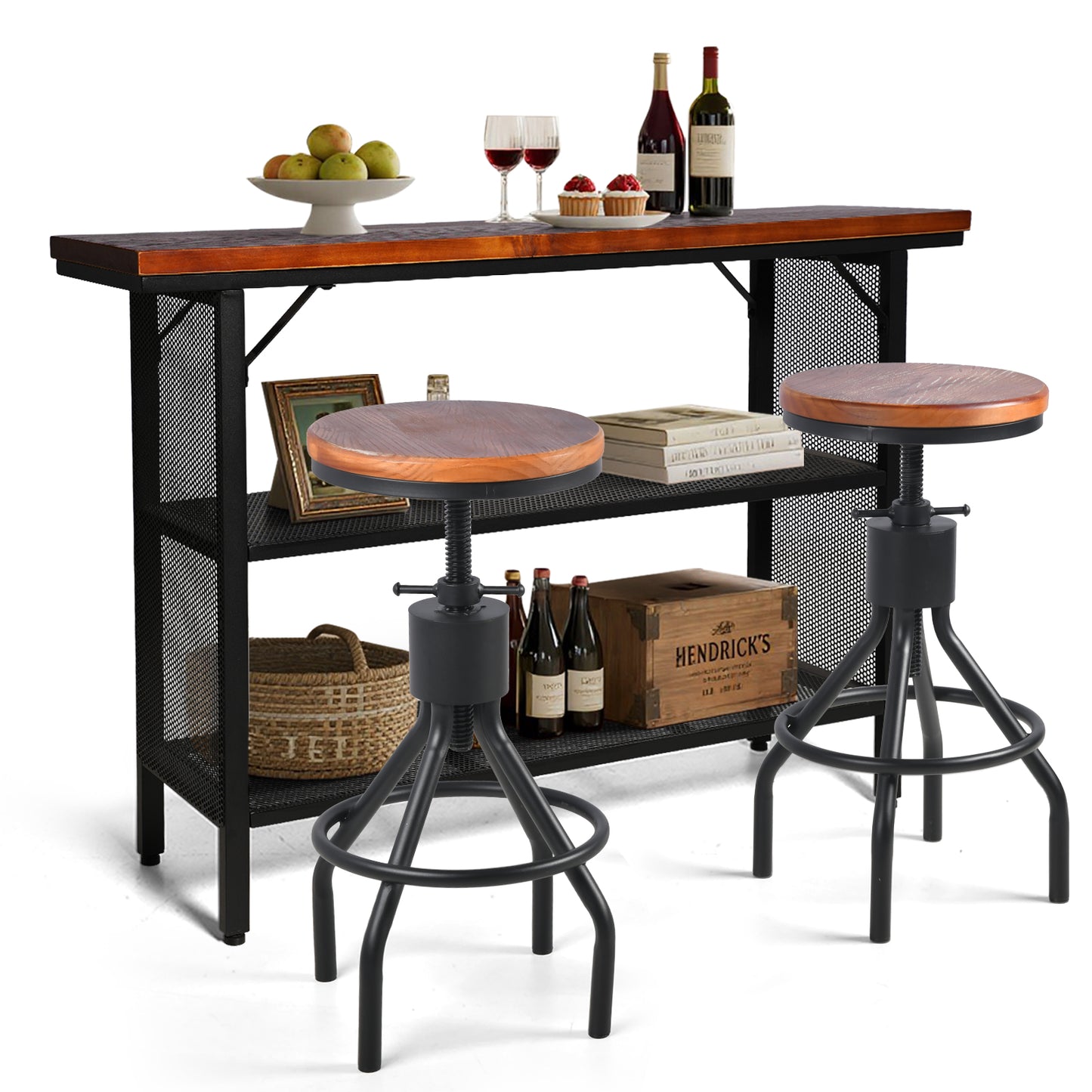 Set of 3，Industrial Console Entryway Table Set With 2 Bar Stool, Metal Wood Rustic Sofa Table Set with Storage, Farmhouse 3 Tier Shelf Long Hallway Foyer Entry Tables Behind Couch for Home Living Room Entryway, Rustic Brown