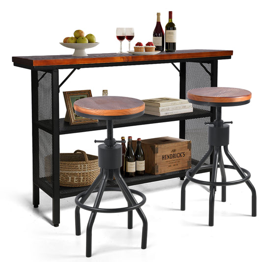 Set of 3，Industrial Console Entryway Table Set With 2 Bar Stool, Metal Wood Rustic Sofa Table Set with Storage, Farmhouse 3 Tier Shelf Long Hallway Foyer Entry Tables Behind Couch for Home Living Room Entryway, Rustic Brown