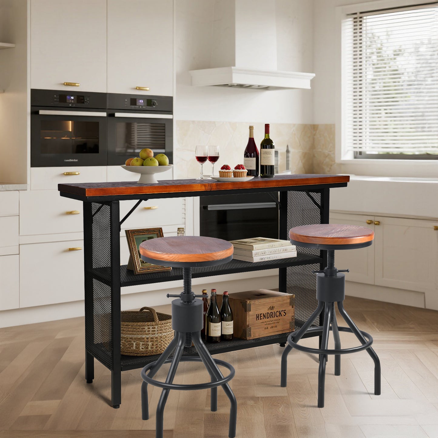 Set of 3，Industrial Console Entryway Table Set With 2 Bar Stool, Metal Wood Rustic Sofa Table Set with Storage, Farmhouse 3 Tier Shelf Long Hallway Foyer Entry Tables Behind Couch for Home Living Room Entryway, Rustic Brown