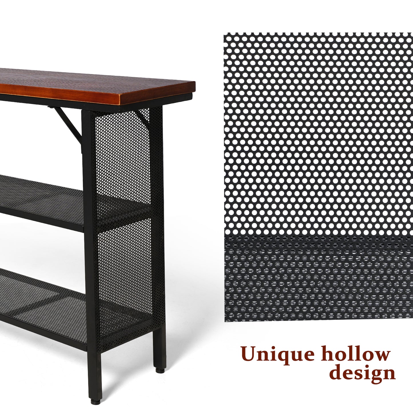 Set of 3，Industrial Console Entryway Table Set With 2 Bar Stool, Metal Wood Rustic Sofa Table Set with Storage, Farmhouse 3 Tier Shelf Long Hallway Foyer Entry Tables Behind Couch for Home Living Room Entryway, Rustic Brown