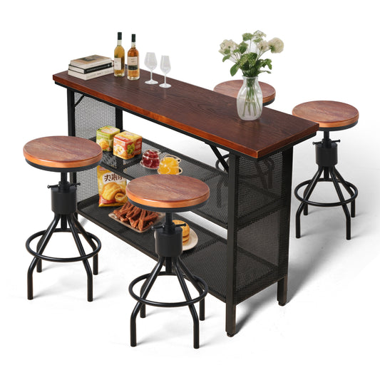 Set of 5，Industrial Console Entryway Table Set With 4 Bar Stool, Metal Wood Rustic Sofa Table Set with Storage, Farmhouse 3 Tier Shelf Long Hallway Foyer Entry Tables Behind Couch for Home Living Room Entryway, Rustic Brown