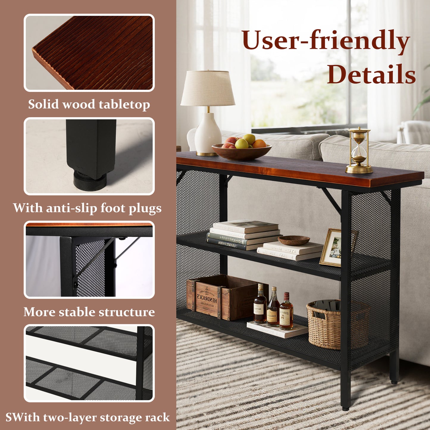 Set of 5，Industrial Console Entryway Table Set With 4 Bar Stool, Metal Wood Rustic Sofa Table Set with Storage, Farmhouse 3 Tier Shelf Long Hallway Foyer Entry Tables Behind Couch for Home Living Room Entryway, Rustic Brown