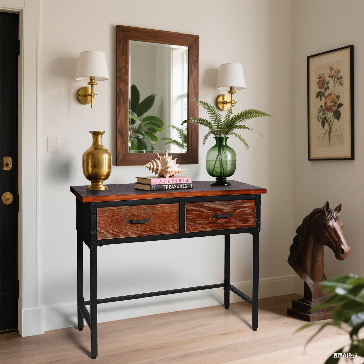 Entryway Table, 39.37'' Console Sofa Table with 2 Drawers, Industrial Entry Way Table ,  for Living Room, Hallway, Entrance, Foyer, Rustic Brown