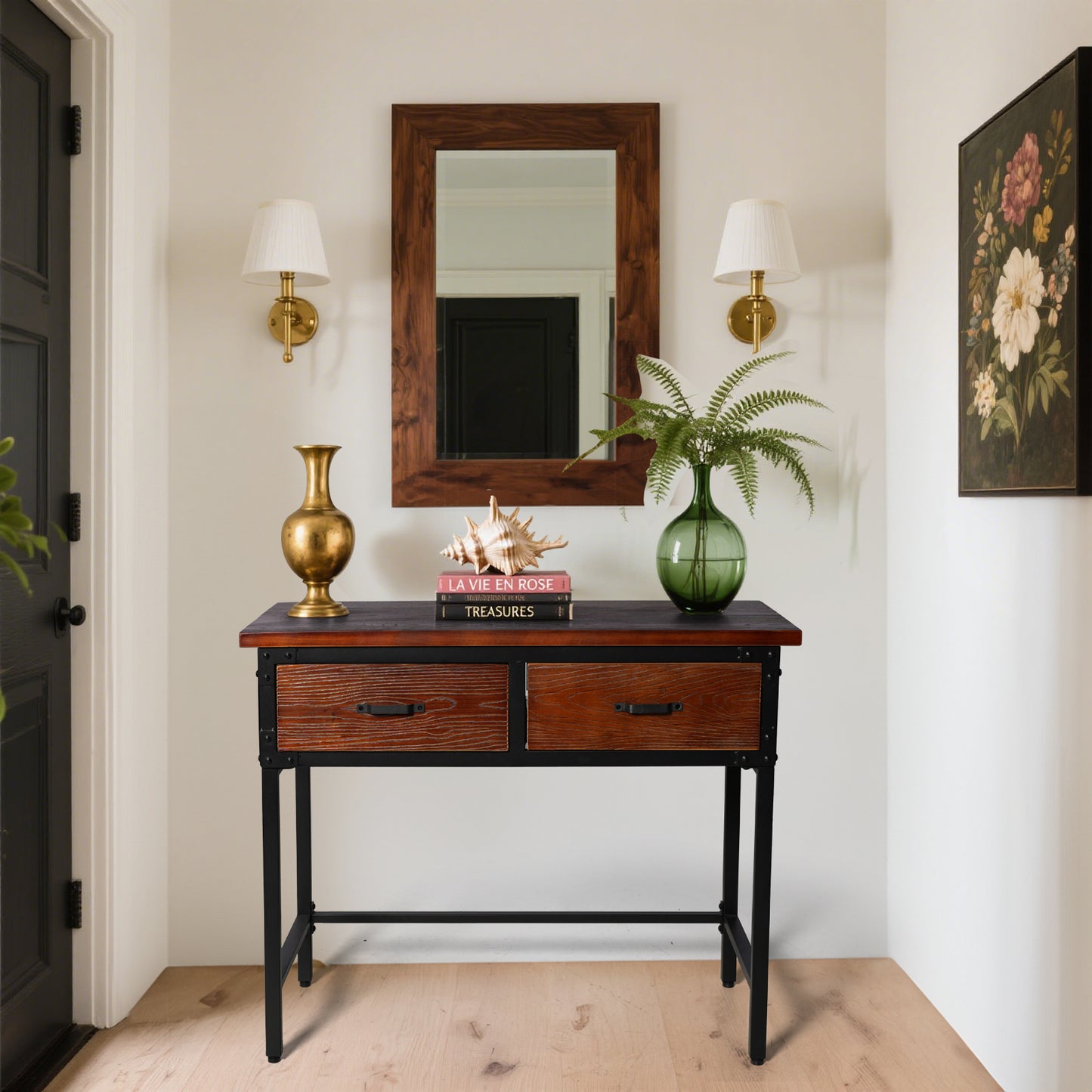 Entryway Table, 39.37'' Console Sofa Table with 2 Drawers, Industrial Entry Way Table ,  for Living Room, Hallway, Entrance, Foyer, Rustic Brown