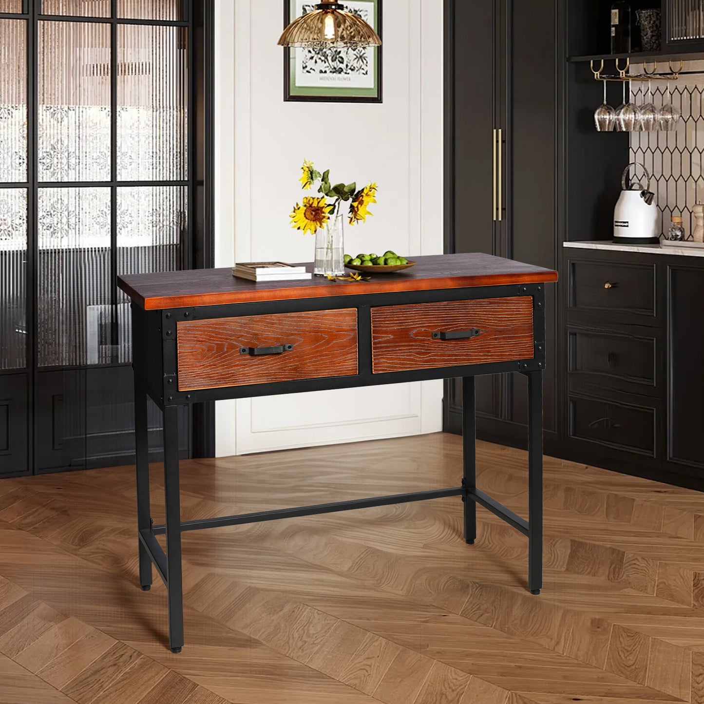 Entryway Table, 39.37'' Console Sofa Table with 2 Drawers, Industrial Entry Way Table ,  for Living Room, Hallway, Entrance, Foyer, Rustic Brown