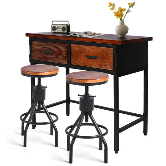 Set of 3，Entryway Table Set With 2 Bar Stool, 39.37'' Console Sofa Table with 2 Drawers, Industrial Entry Way Table ,  for Living Room, Hallway, Entrance, Foyer, Rustic Brown