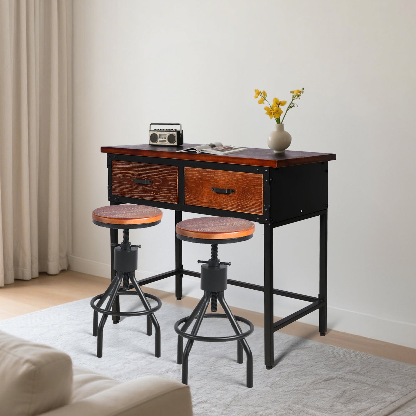 Set of 3，Entryway Table Set With 2 Bar Stool, 39.37'' Console Sofa Table with 2 Drawers, Industrial Entry Way Table ,  for Living Room, Hallway, Entrance, Foyer, Rustic Brown