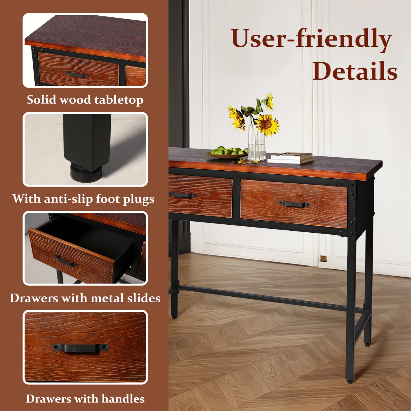 Set of 5，Entryway Table Set With 4 Bar Stool, 39.37'' Console Sofa Table with 2 Drawers, Industrial Entry Way Table ,  for Living Room, Hallway, Entrance, Foyer, Rustic Brown