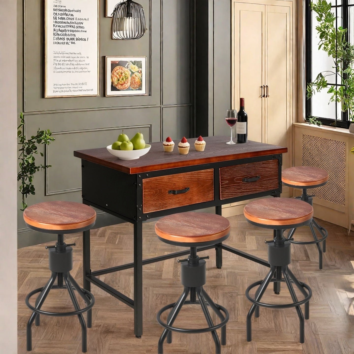 Set of 5，Entryway Table Set With 4 Bar Stool, 39.37'' Console Sofa Table with 2 Drawers, Industrial Entry Way Table ,  for Living Room, Hallway, Entrance, Foyer, Rustic Brown