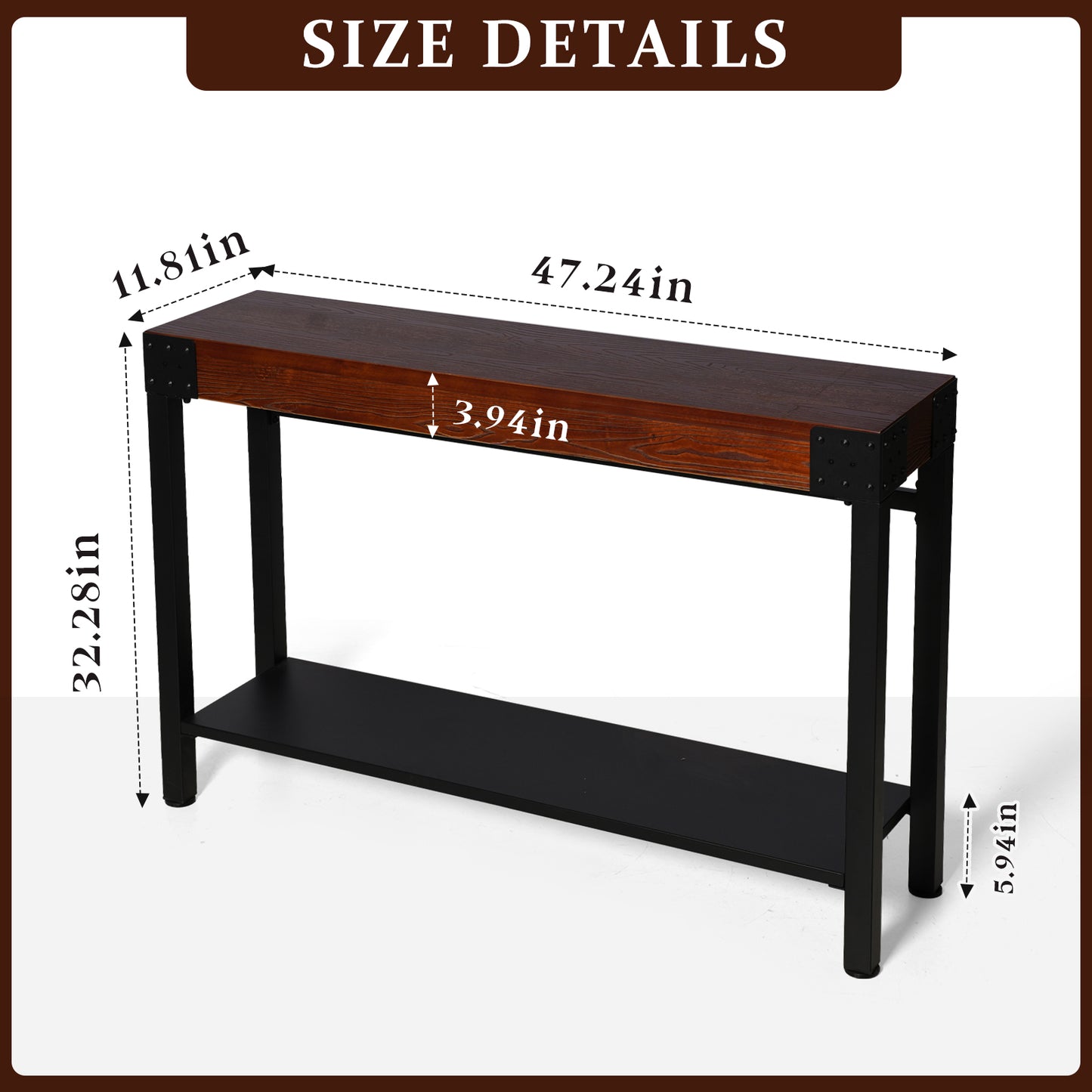 Console Table 47.24”, 2-Tier Industrial Entryway Table, Narrow Entrance Sofa Table with Shelves, Hallway, Living Room, Foyer, Corridor, Office, Rustic Brown and Black