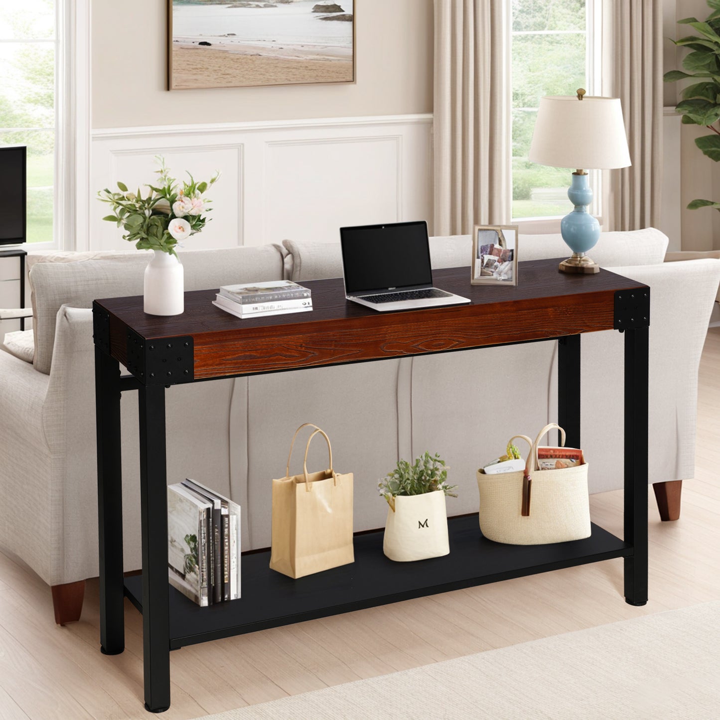 Console Table 47.24”, 2-Tier Industrial Entryway Table, Narrow Entrance Sofa Table with Shelves, Hallway, Living Room, Foyer, Corridor, Office, Rustic Brown and Black