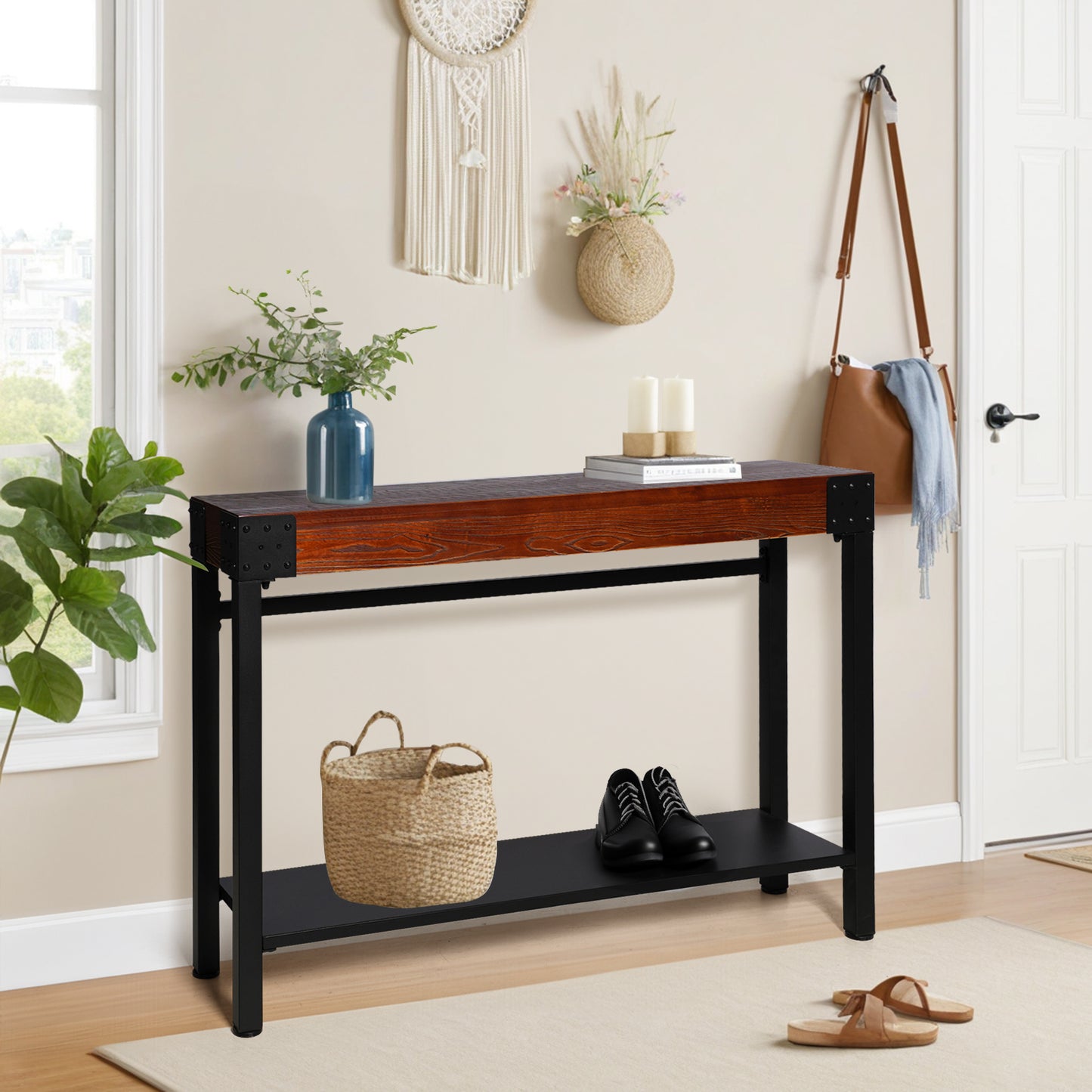 Console Table 47.24”, 2-Tier Industrial Entryway Table, Narrow Entrance Sofa Table with Shelves, Hallway, Living Room, Foyer, Corridor, Office, Rustic Brown and Black