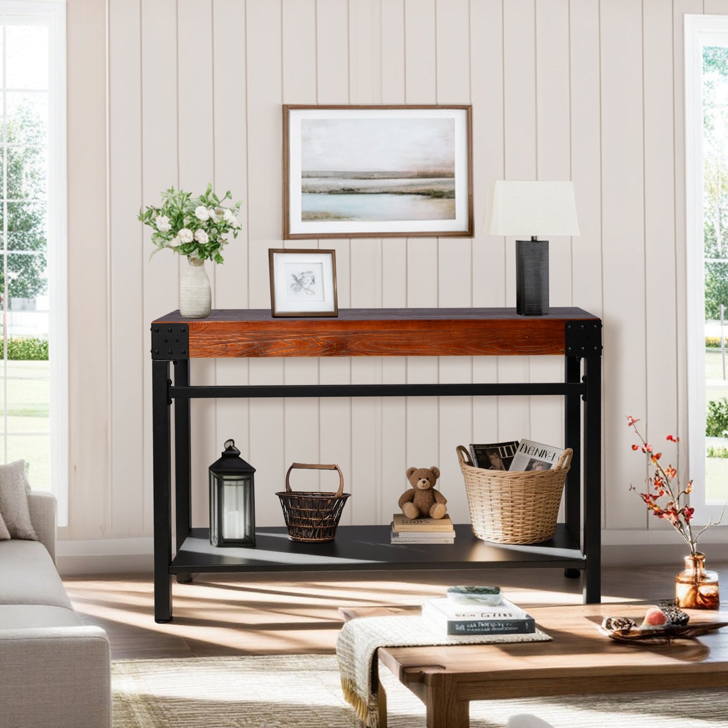Console Table 47.24”, 2-Tier Industrial Entryway Table, Narrow Entrance Sofa Table with Shelves, Hallway, Living Room, Foyer, Corridor, Office, Rustic Brown and Black