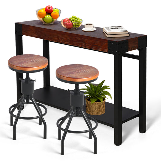 Set of 3，47.24”Console Table Set With 2 Bar Stool, 2-Tier Industrial Entryway Table, Narrow Entrance Sofa Table with Shelves, Hallway, Living Room, Foyer, Corridor, Office, Rustic Brown and Black