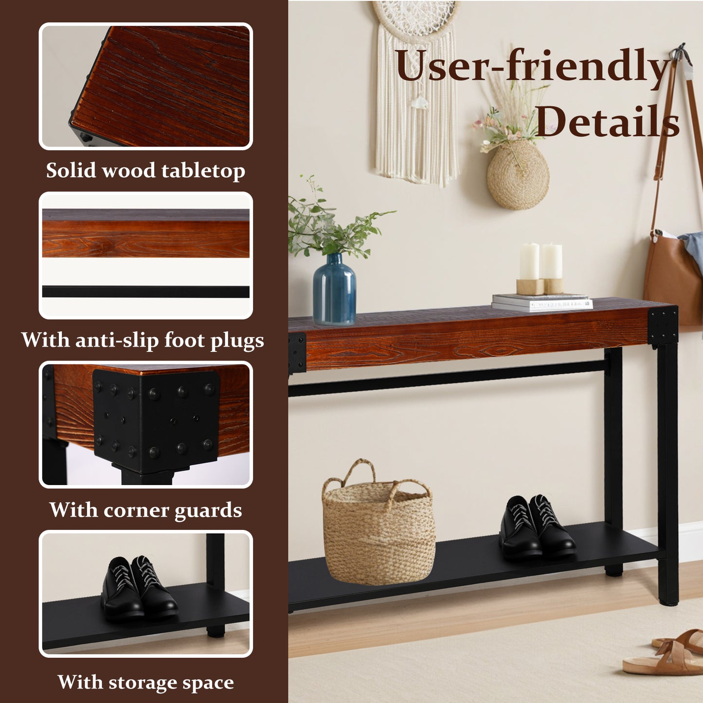 Set of 3，47.24”Console Table Set With 2 Bar Stool, 2-Tier Industrial Entryway Table, Narrow Entrance Sofa Table with Shelves, Hallway, Living Room, Foyer, Corridor, Office, Rustic Brown and Black