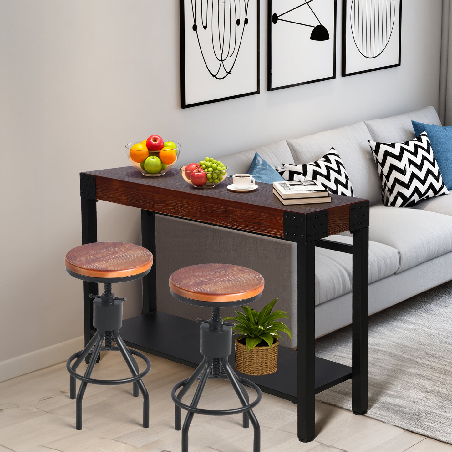 Set of 3，47.24”Console Table Set With 2 Bar Stool, 2-Tier Industrial Entryway Table, Narrow Entrance Sofa Table with Shelves, Hallway, Living Room, Foyer, Corridor, Office, Rustic Brown and Black
