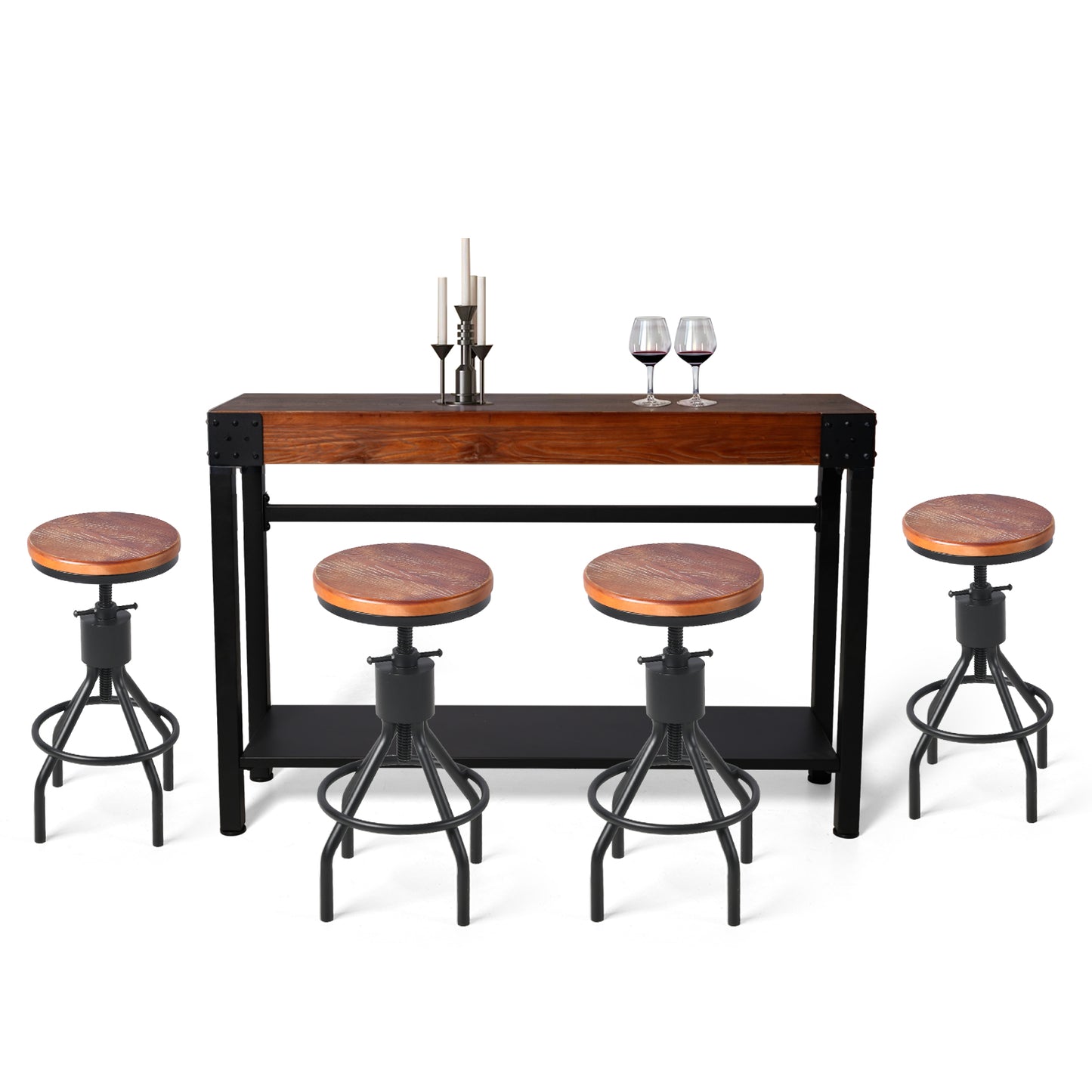 Set of 5，47.24”Console Table Set With 4 Bar Stool, 2-Tier Industrial Entryway Table, Narrow Entrance Sofa Table with Shelves, Hallway, Living Room, Foyer, Corridor, Office, Rustic Brown and Black