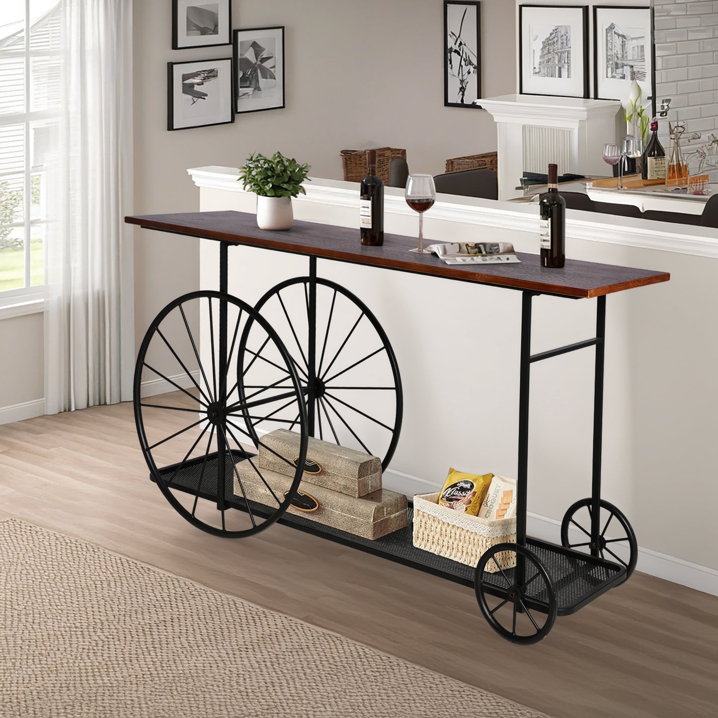 Console Table 59.1”, 2-Tier Industrial Entryway Table with Wheels, Narrow Entrance Sofa Table with Shelves, Hallway, Living Room, Foyer, Corridor, Office, Rustic Brown and Black