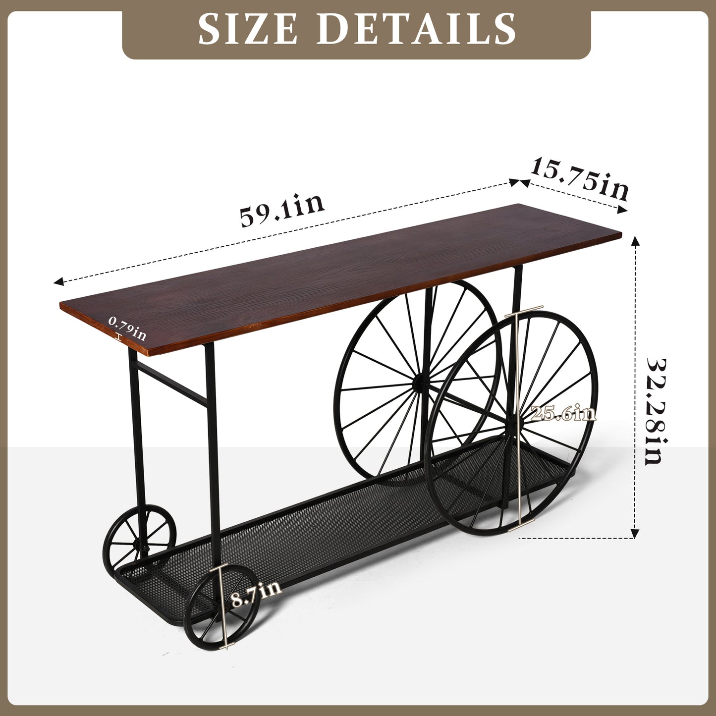 Console Table 59.1”, 2-Tier Industrial Entryway Table with Wheels, Narrow Entrance Sofa Table with Shelves, Hallway, Living Room, Foyer, Corridor, Office, Rustic Brown and Black