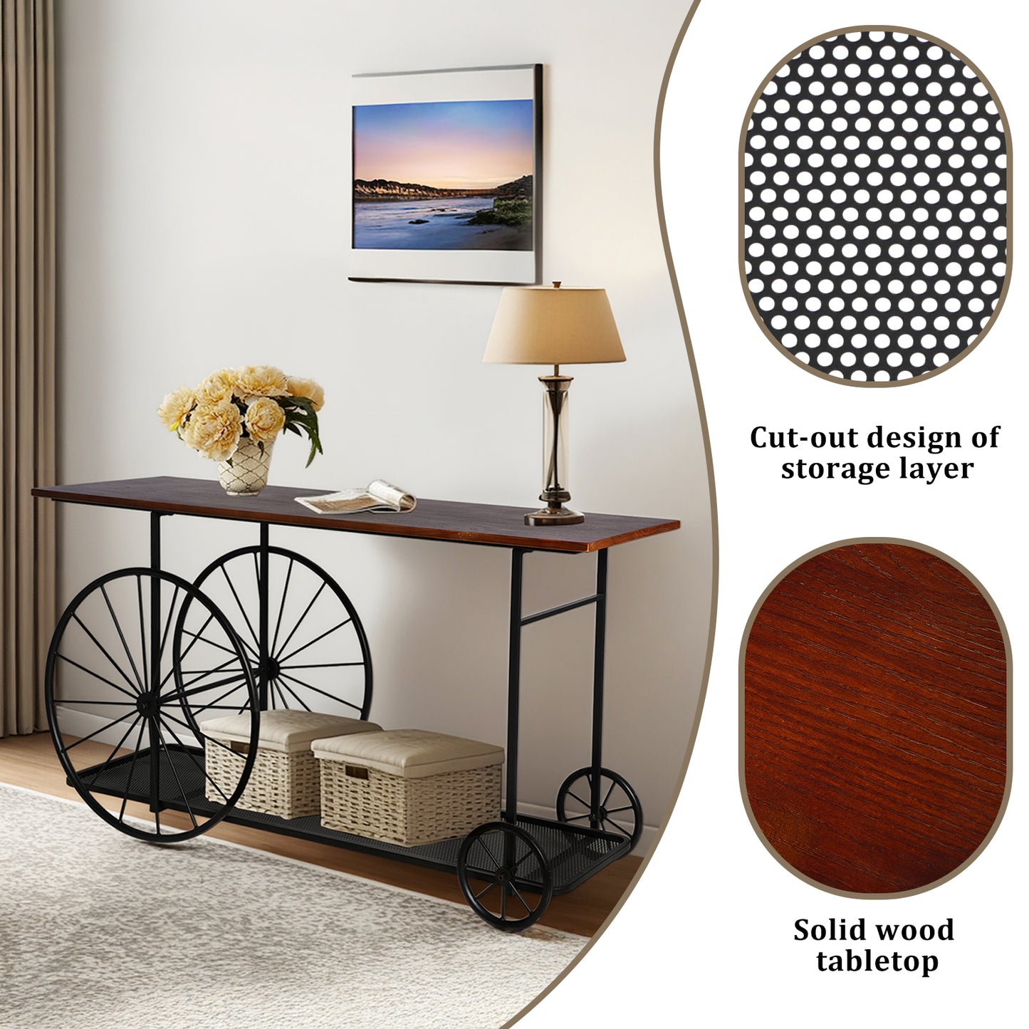 Console Table 59.1”, 2-Tier Industrial Entryway Table with Wheels, Narrow Entrance Sofa Table with Shelves, Hallway, Living Room, Foyer, Corridor, Office, Rustic Brown and Black