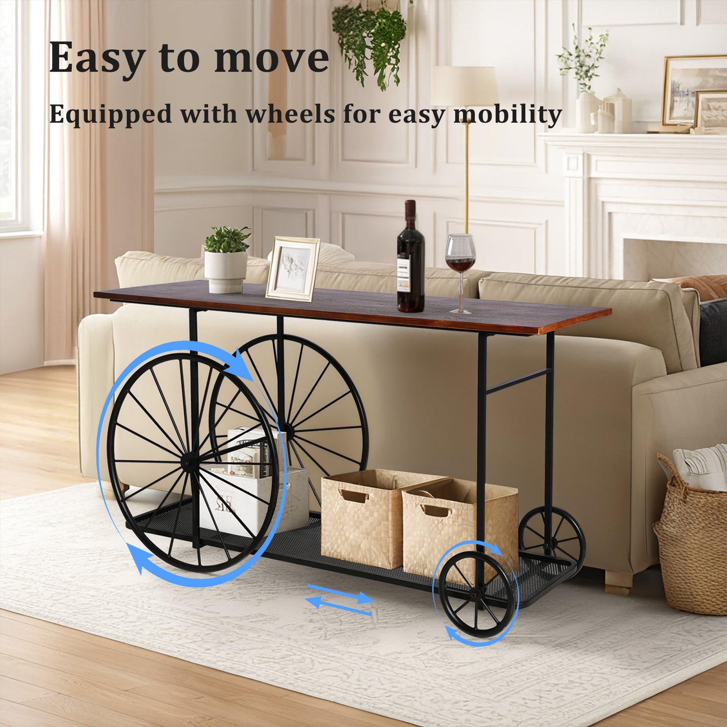 Console Table 59.1”, 2-Tier Industrial Entryway Table with Wheels, Narrow Entrance Sofa Table with Shelves, Hallway, Living Room, Foyer, Corridor, Office, Rustic Brown and Black