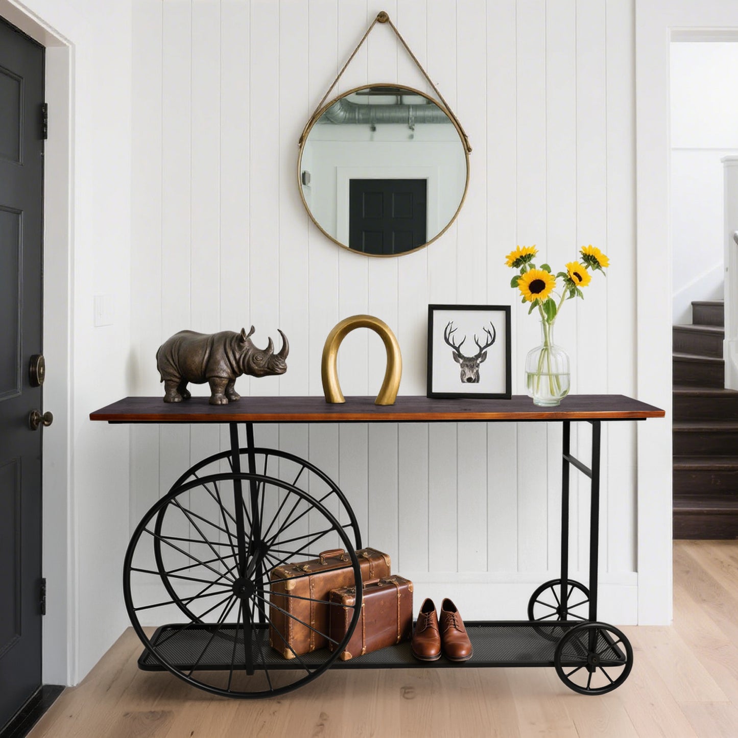 Console Table 59.1”, 2-Tier Industrial Entryway Table with Wheels, Narrow Entrance Sofa Table with Shelves, Hallway, Living Room, Foyer, Corridor, Office, Rustic Brown and Black