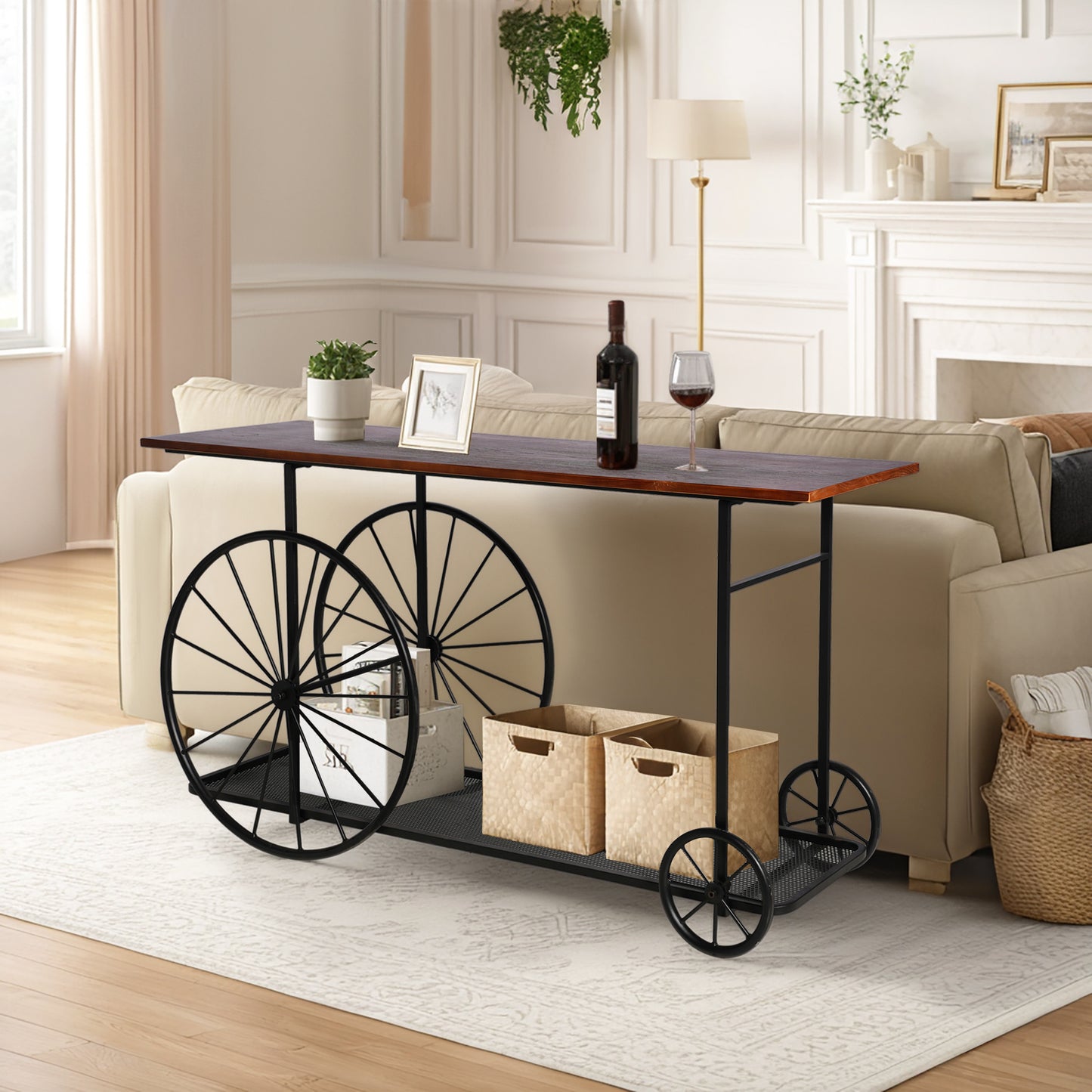 Console Table 59.1”, 2-Tier Industrial Entryway Table with Wheels, Narrow Entrance Sofa Table with Shelves, Hallway, Living Room, Foyer, Corridor, Office, Rustic Brown and Black