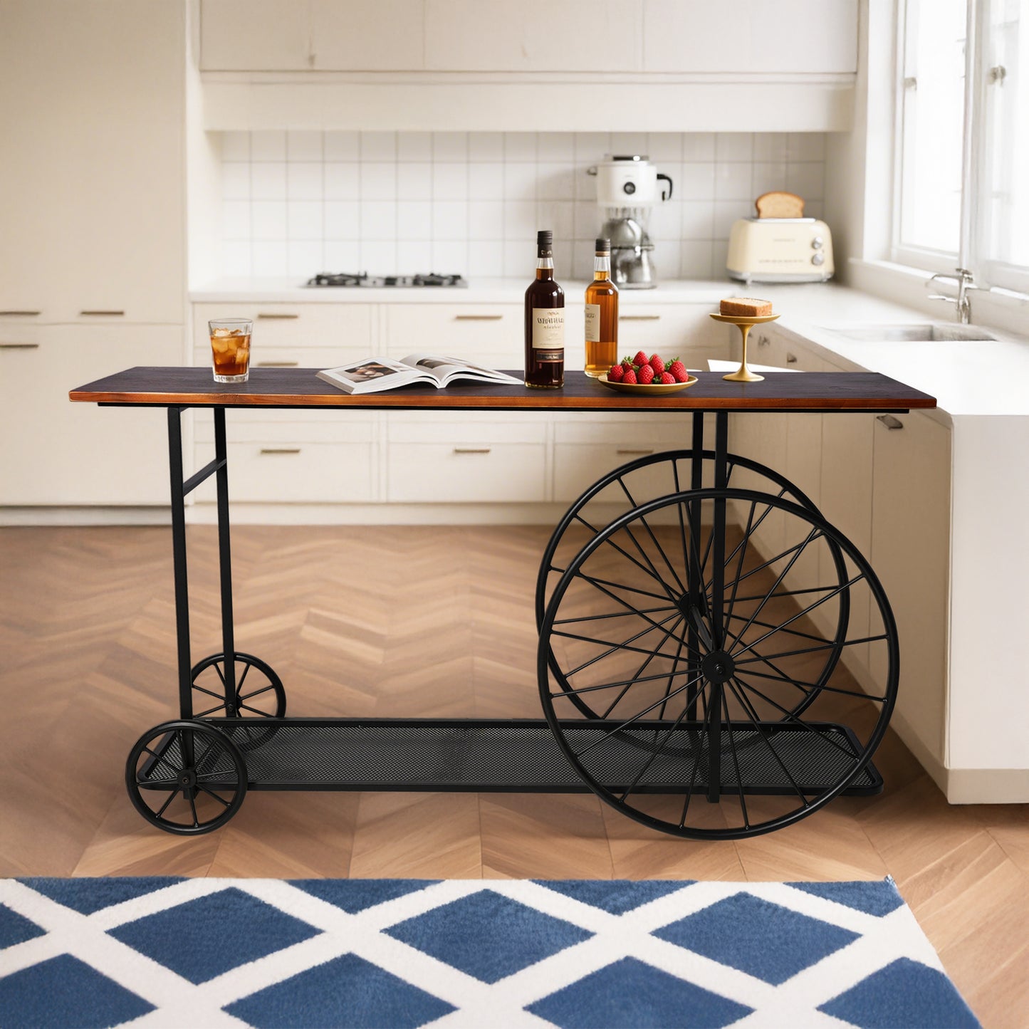 Console Table 59.1”, 2-Tier Industrial Entryway Table with Wheels, Narrow Entrance Sofa Table with Shelves, Hallway, Living Room, Foyer, Corridor, Office, Rustic Brown and Black